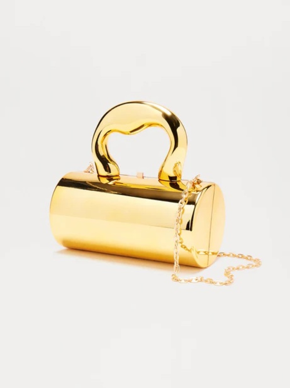 Fashion Nova Gold Metallic Cylinder Handle Clutch with Chain